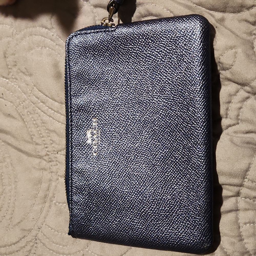 NWT metallic navy Coach small corner zip wristlet bag blue wallet - Picture 6 of 6